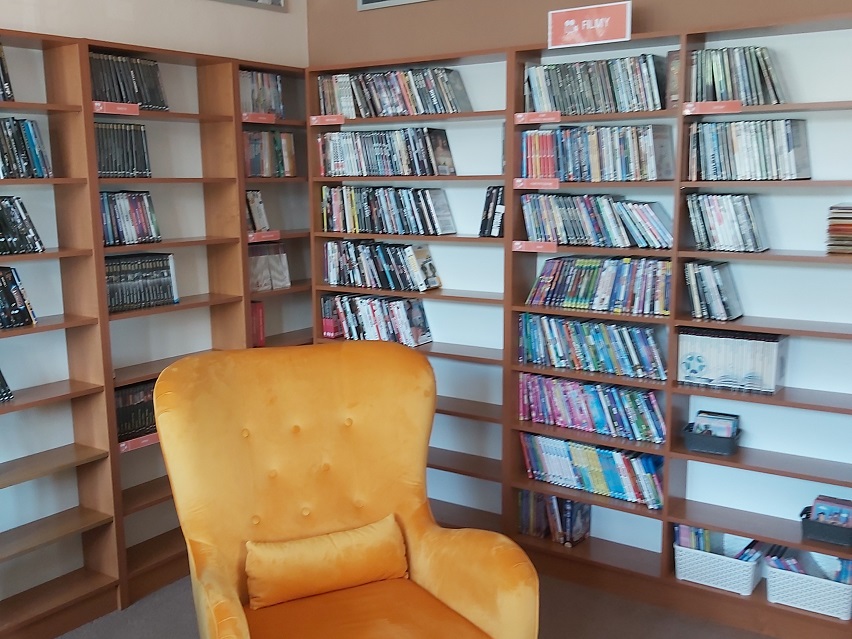 Pomieszczenie bibloteki, stoją w nim regały z książkami. Przed nimi stoi fotel