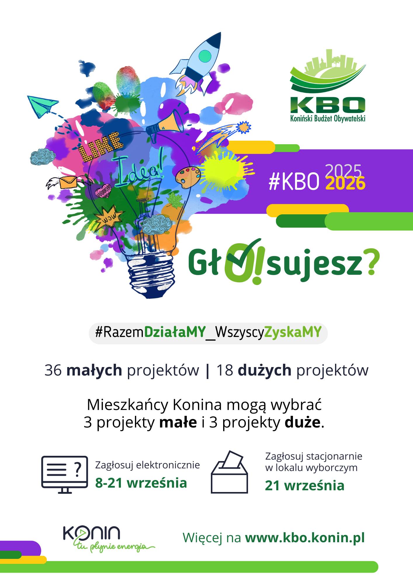 plakat informujący o możliwości dodania głosu na 36 małych oraz 18 dużych projektów w Konińskim Budżecie Obywatelskim