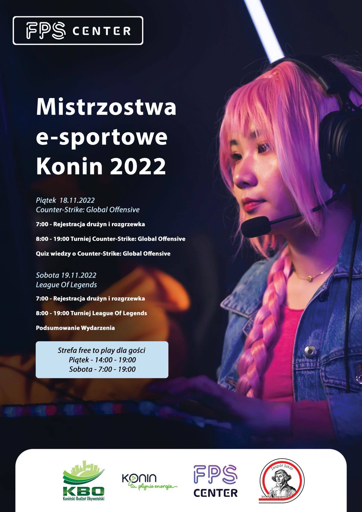 Plakat mistrzostw e-sport 2022. Widoczna jest na nim kobieta w słuchawkach oraz tekst harmonogramu mistrzostw