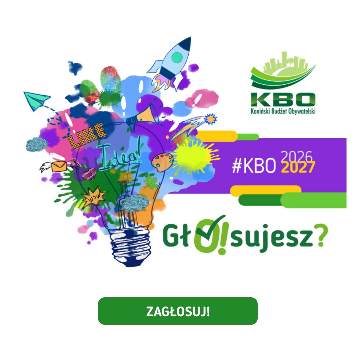 plakat informujący o możliwości dodania głosu w dniach 7-20 września 2026 na projekty w Konińskim Budżecie Obywatelskim 2027 r.